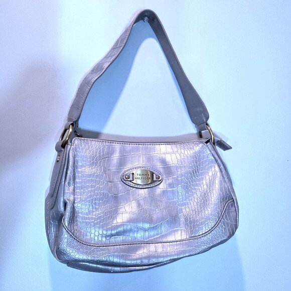 Vintage Tommy Hilfiger Silver Metallic Croc Embossed Small Shoulder Purse - Picture 1 of 5